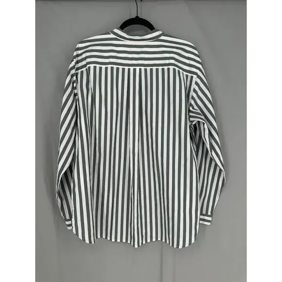 Ann Taylor Top Womens XL Green Striped White Button Oversized Pocket Classic - Picture 3 of 9